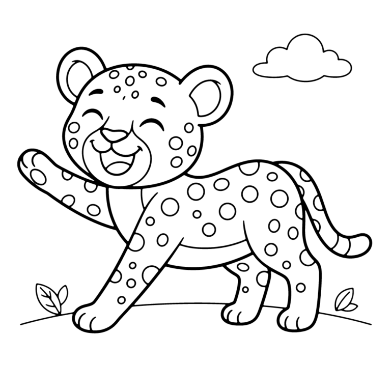 Na obrazku znajduje się uśmiechnięty mały gepard, który stoi i przeciąga się szeroko, z uniesionymi przednimi łapkami, na tle prostej linii ziemi z dwoma listkami i chmurką.