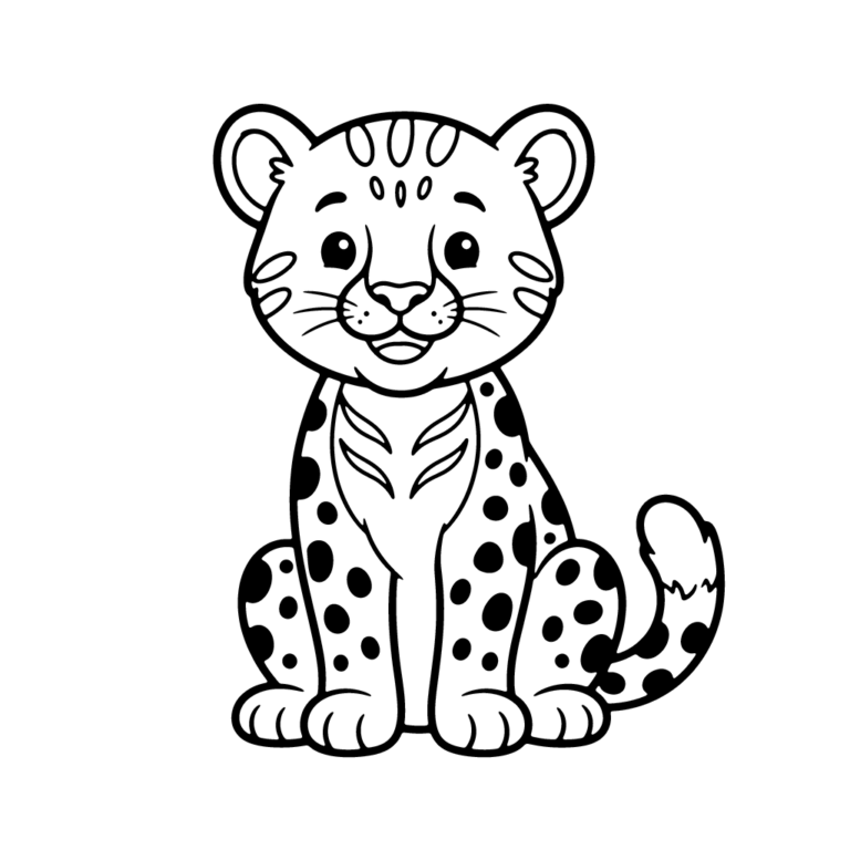 Na obrazku znajduje się radosny, mały gepard siedzący na środku z szerokim uśmiechem.