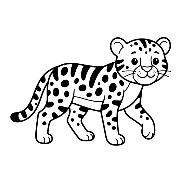 Na obrazku znajduje się uśmiechnięty mały gepard idący przed siebie w lewą stronę.