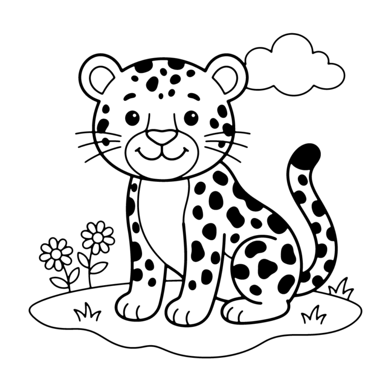 Na obrazku znajduje się siedzący na trawie mały gepard w otoczeniu kwiatów i chmurki.