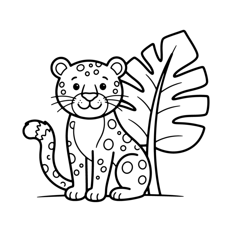 Na obrazku znajduje się mały, uśmiechnięty gepard siedzący obok dużego liścia palmowego.