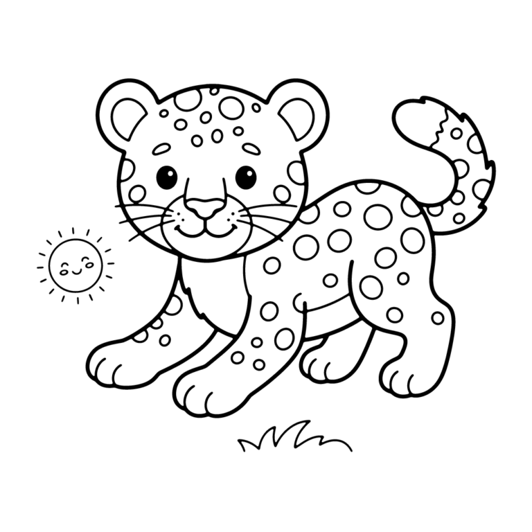 Na obrazku znajduje się uśmiechnięty mały gepard stojący na trawie obok wesołego słońca.