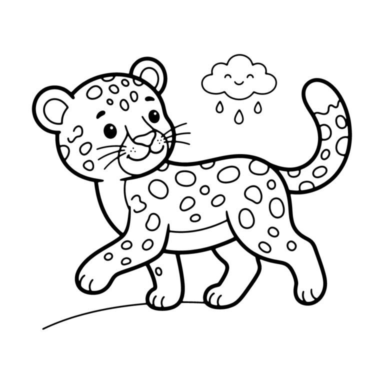 Na obrazku znajduje się uśmiechnięty mały gepard, który idzie i spogląda w górę na małą chmurkę z kropelkami deszczu.