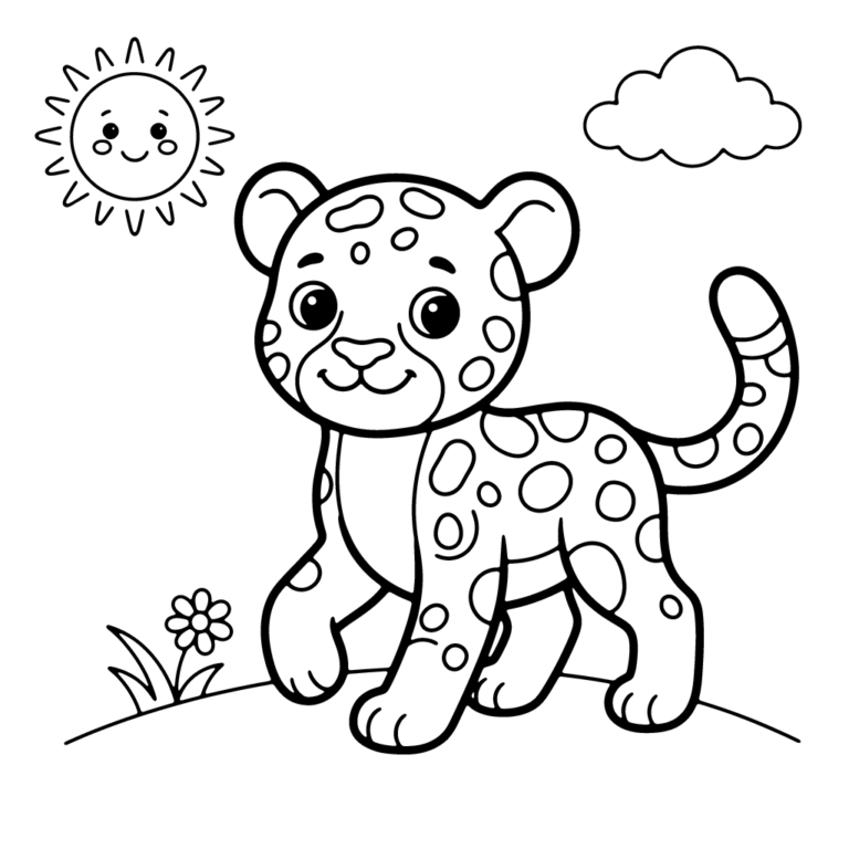Na obrazku znajduje się uśmiechnięty mały gepard stojący na polanie w pobliżu kwiatka, nad którym świeci radosne słońce i płynie chmurka.