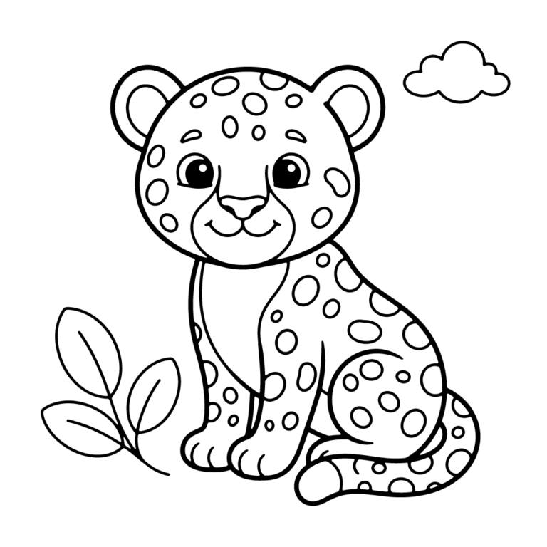 Na obrazku znajduje się siedzący uśmiechnięty mały gepard obok gałązki z trzema liśćmi, a w tle widać małą chmurkę.
