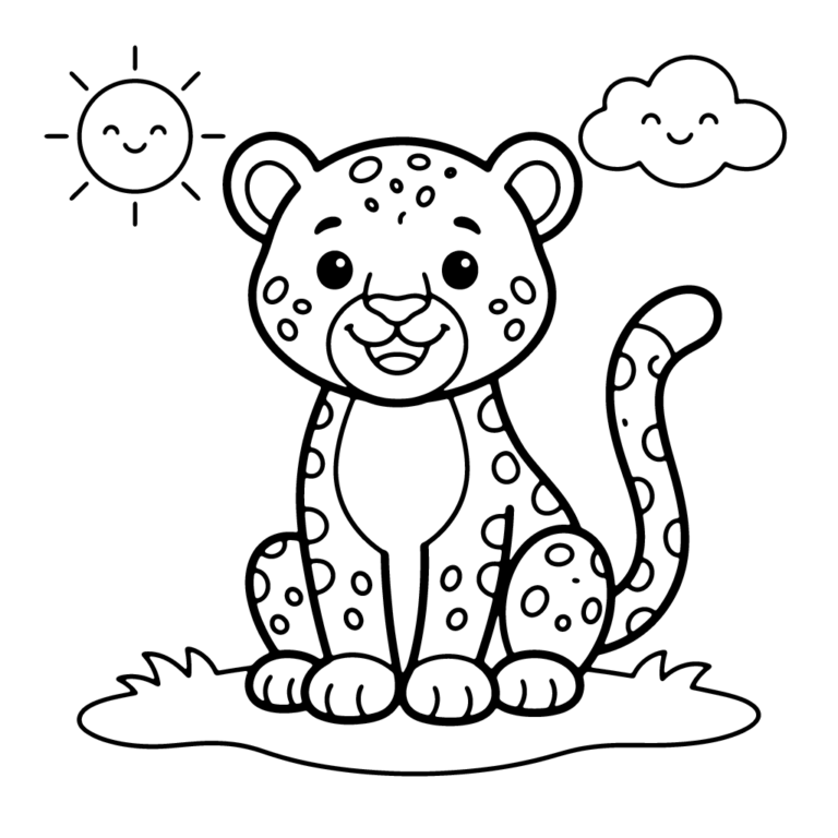 Na obrazku znajduje się siedzący na trawie mały gepard w otoczeniu uśmiechniętego słońca i chmurki.