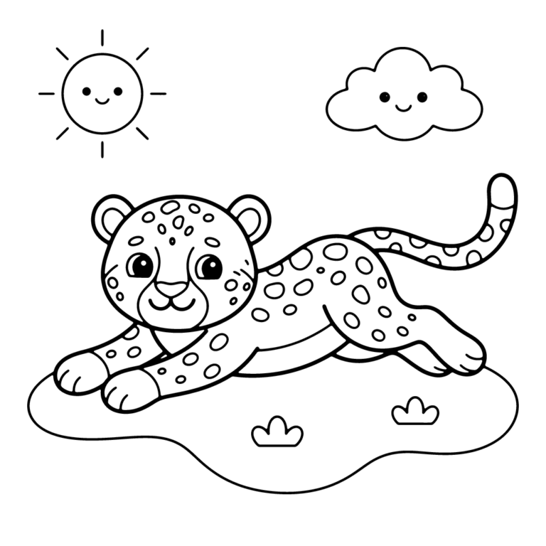 Na obrazku znajduje się leżący na brzuchu w trakcie radosnego skoku mały gepard na tle słoneczka i chmurki.