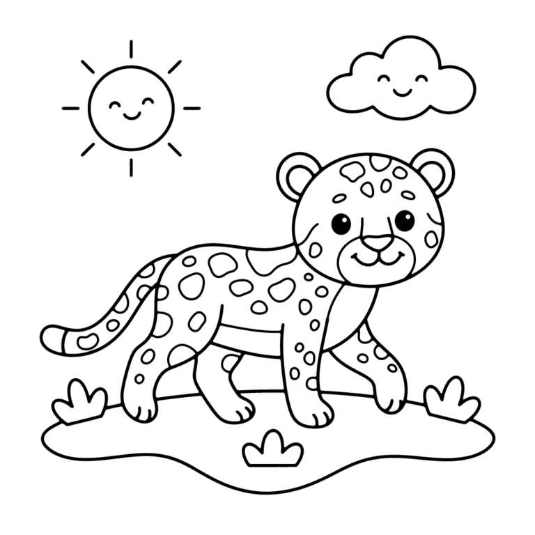 Na obrazku znajduje się uśmiechnięty mały gepard idący przed siebie po trawie w towarzystwie słońca i chmurki.