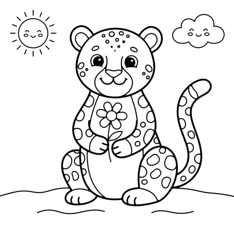 Na obrazku znajduje się siedzący na trawie mały gepard, który delikatnie trzyma w łapkach pojedynczy kwiatek, w towarzystwie słońca i chmurki.