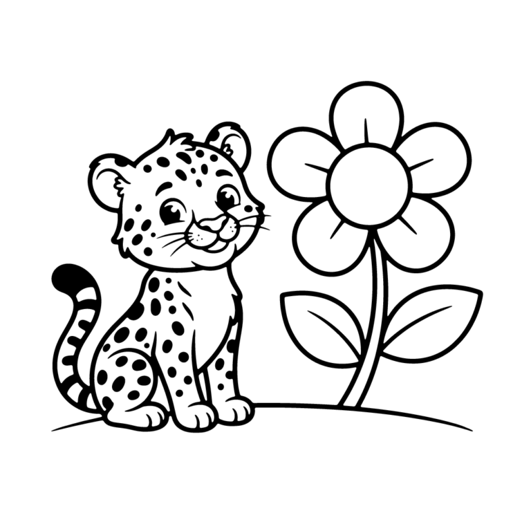 Na obrazku znajduje się uśmiechnięty mały gepard siedzący obok dużego, prostego kwiatka na białym tle.