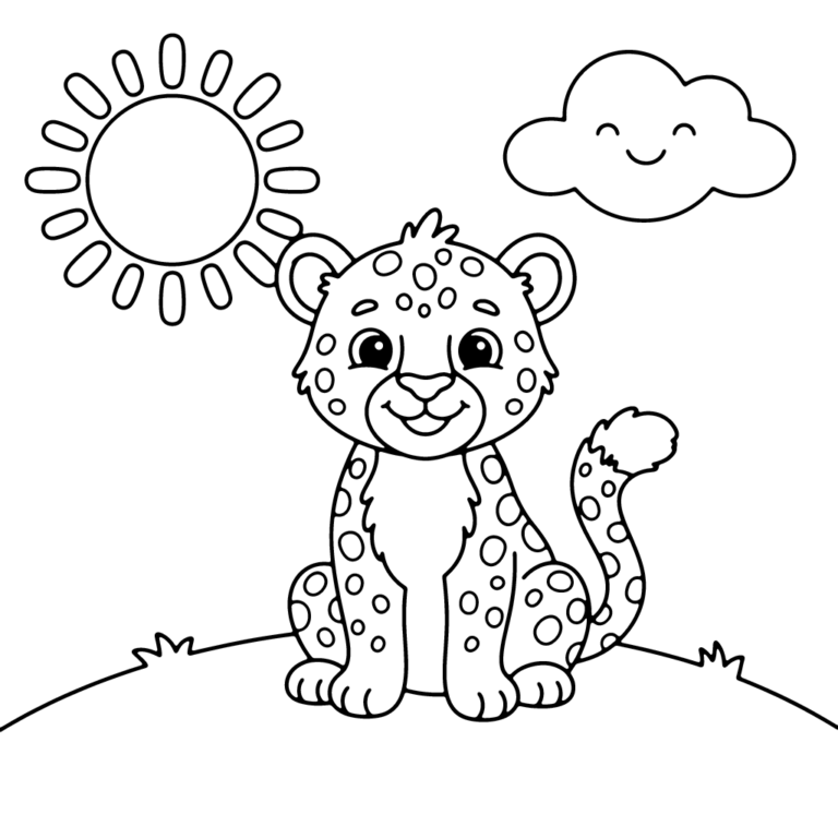 Na obrazku znajduje się siedzący mały gepard na tle uśmiechniętego słońca i przyjaznej chmurki.