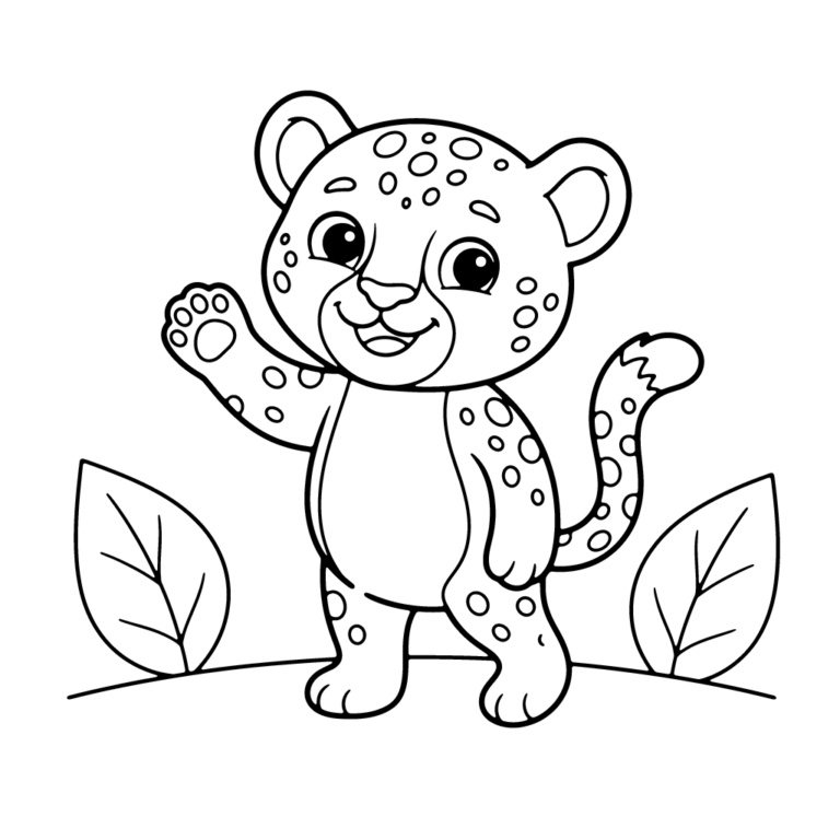 Na obrazku znajduje się uśmiechnięty, stojący mały gepard, który wesoło macha jedną przednią łapką, otoczony dwoma prostymi liśćmi.