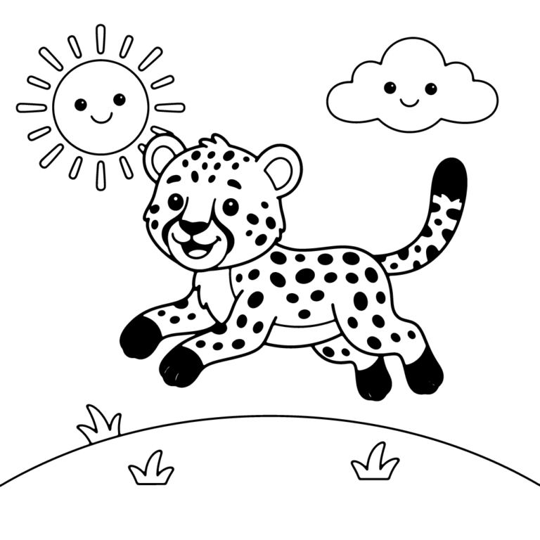Na obrazku znajduje się radosny, mały gepard, który skacze wysoko w powietrzu na tle uśmiechniętego słońca i chmurki.