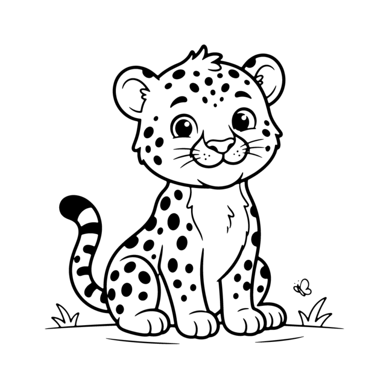 Na obrazku znajduje się mały, uśmiechnięty gepard siedzący na środku strony z pojedynczą linią trawy u dołu.