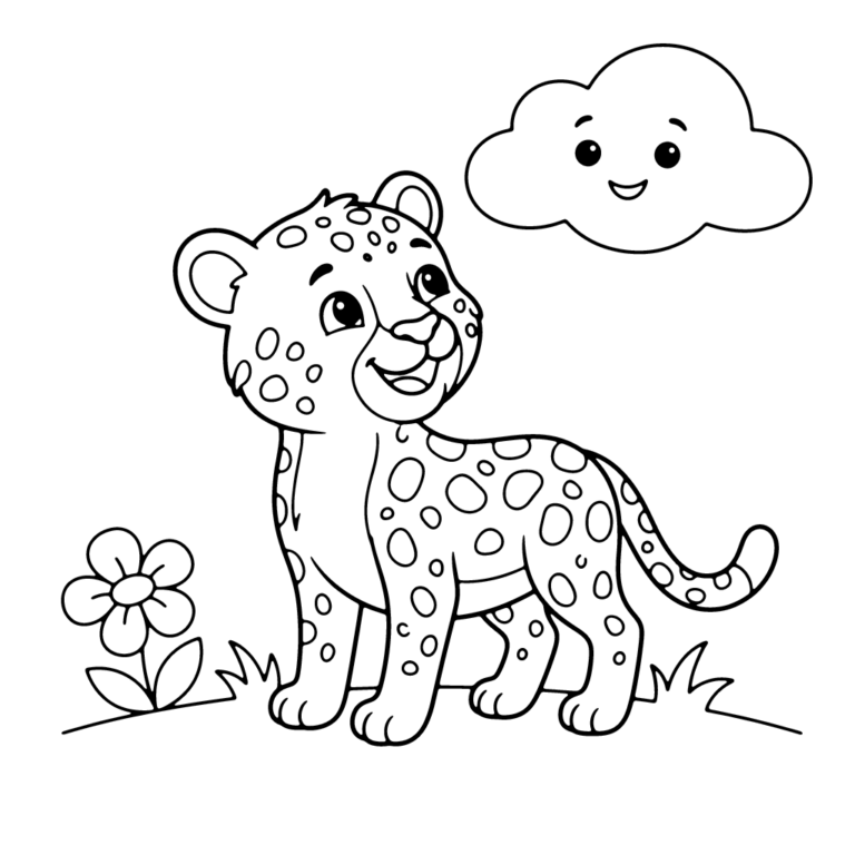 Na obrazku znajduje się mały, uśmiechnięty gepard stojący na polanie i patrzący w górę na uśmiechniętą chmurkę.