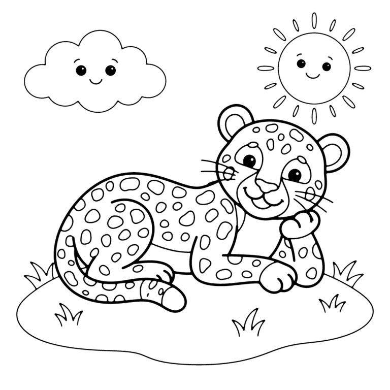 Na obrazku znajduje się leżący, uśmiechnięty gepard odpoczywający na kępie trawy w towarzystwie uśmiechniętego słońca i chmurki.