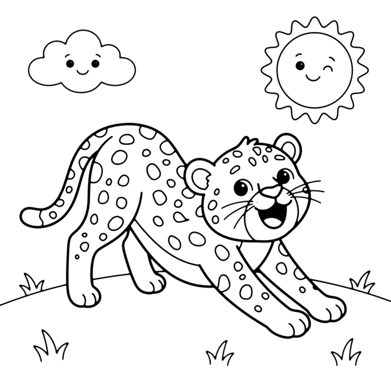 Na obrazku znajduje się duży, uśmiechnięty mały gepard, który stoi na środku i wesoło przeciąga się, wyciągając przednie łapy do przodu.