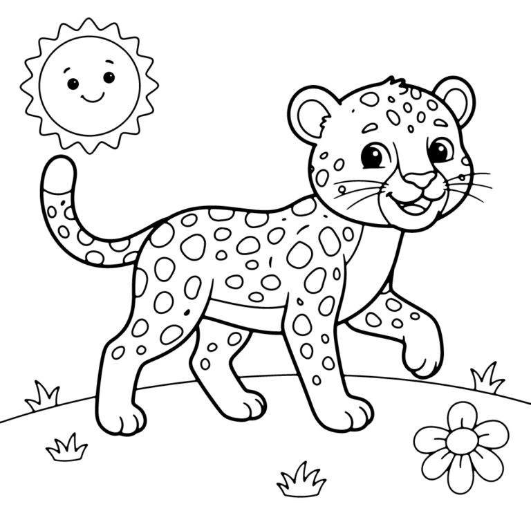 Na obrazku znajduje się uśmiechnięty, mały gepard, który idzie przez łąkę w towarzystwie uśmiechniętego słońca i kwiatuszka.