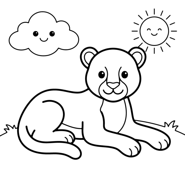 Na obrazku znajduje się uśmiechnięty mały gepard w pozycji leżącej na kępce trawy, z radosnym słoneczkiem i chmurką w tle.