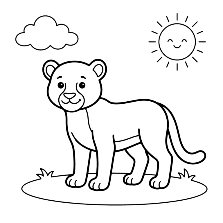 Na obrazku znajduje się stojący, uśmiechnięty mały gepard na kępce trawy, z radosnym słoneczkiem i chmurką w tle.