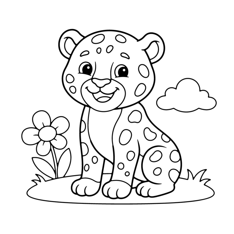 Na obrazku znajduje się uśmiechnięty mały gepard siedzący na trawie obok kwiatuszka i chmurki.