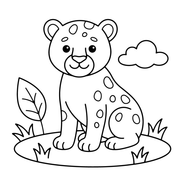 Na obrazku znajduje się uśmiechnięty mały gepard siedzący na trawie obok dużego liścia i chmurki.