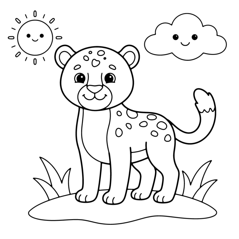 Na obrazku znajduje się przyjazny, uśmiechnięty mały gepard stojący na kępce trawy obok wesołego słoneczka i chmurki.