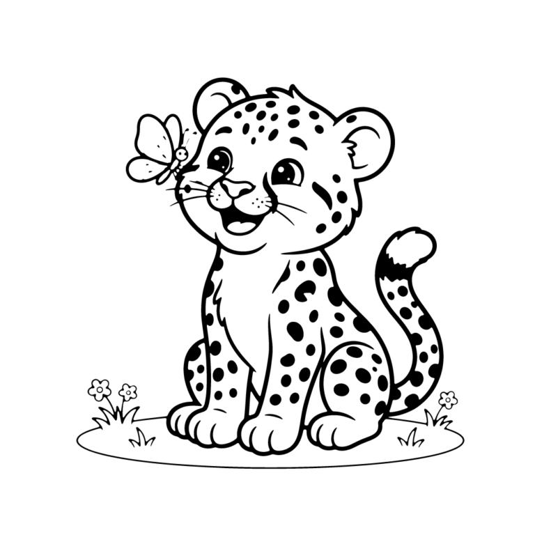 Na obrazku znajduje się uśmiechnięty mały gepard siedzący obok małego motylka.