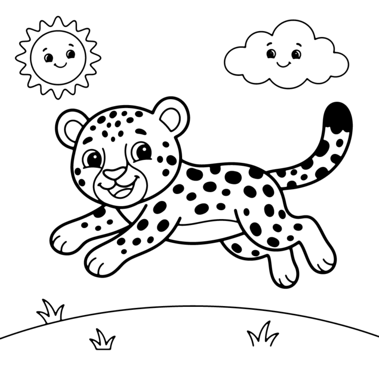 Na obrazku znajduje się radosny, mały gepard skaczący nad trawą w towarzystwie uśmiechniętego słońca i chmurki.