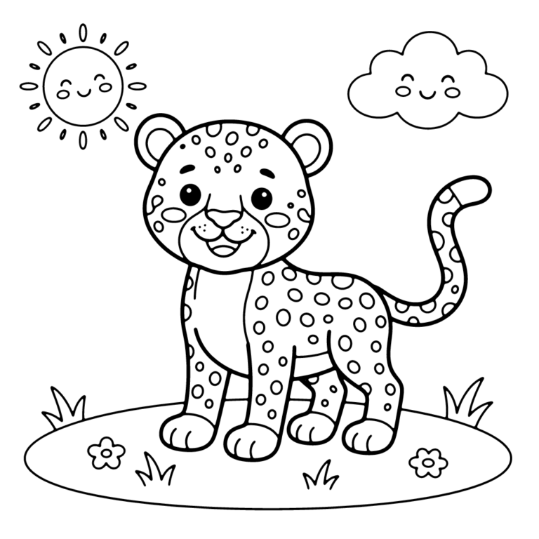 Na obrazku znajduje się uśmiechnięty mały gepard stojący na zielonej łące pod uśmiechniętym słoneczkiem i chmurką.