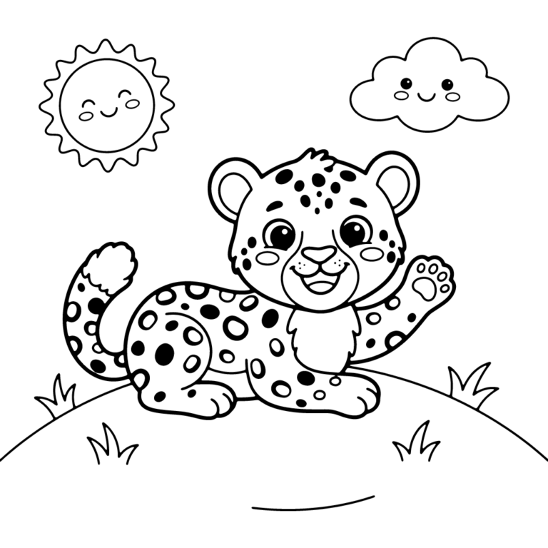Na obrazku znajduje się uśmiechnięty mały gepard leżący na trawie, który wesoło unosi jedną przednią łapkę w geście powitania, a obok niego widać słońce i chmurkę.