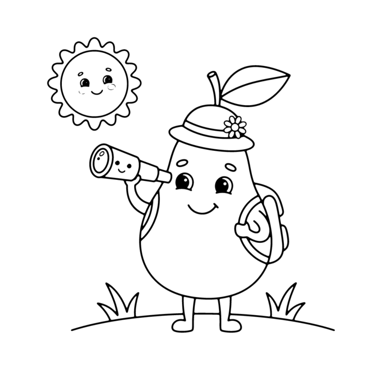 Na obrazku znajduje się uśmiechnięta gruszka, która ma na sobie kapelusz z kwiatkiem i plecak, i trzyma lunetę, patrząc w stronę wesołego słońca.