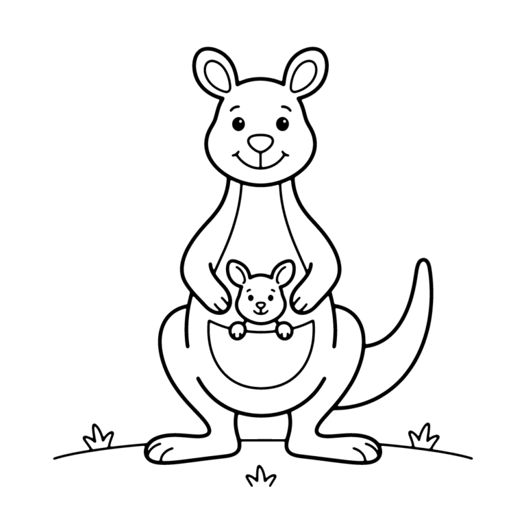 Na obrazku znajduje się uśmiechnięta mama kangurzyca z małym kangurkiem w torbie na brzuchu, stojąca na tle pojedynczej linii trawy.
