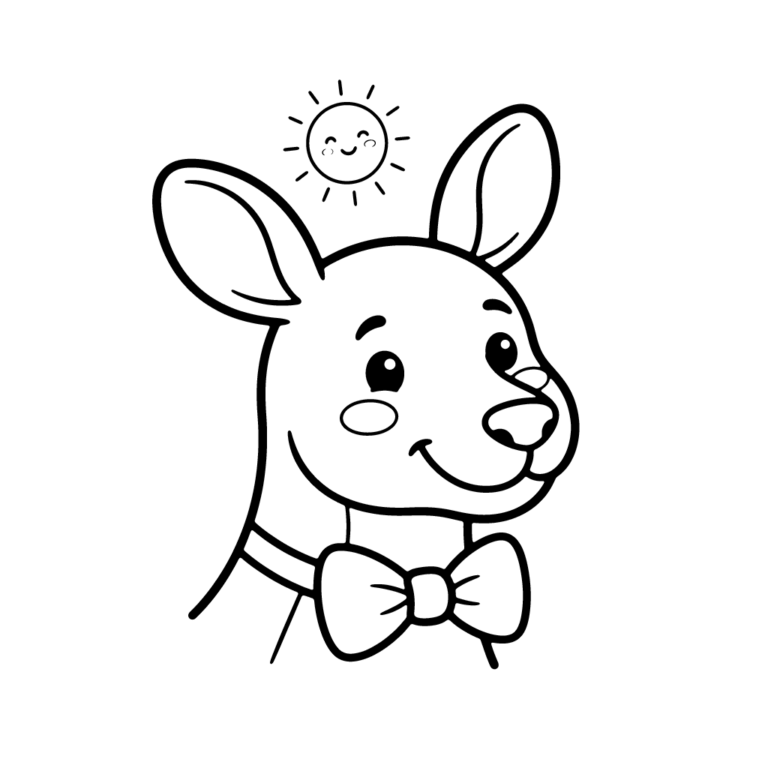 Na obrazku znajduje się portret uśmiechniętego kangura ubranego w dużą, elegancką muchę pod szyją, z małym słoneczkiem nad głową.