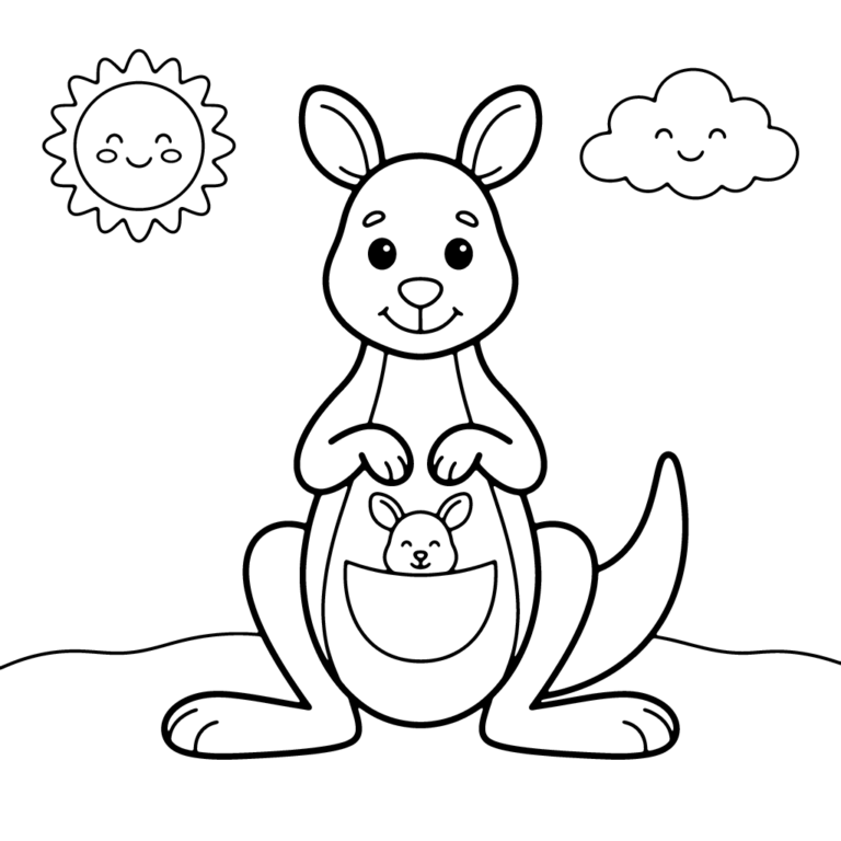 Na obrazku znajduje się uśmiechnięta mama kangurzyca z małym kangurkiem w torbie, stojąca na prostej linii trawy pod wesołym słoneczkiem i chmurką.