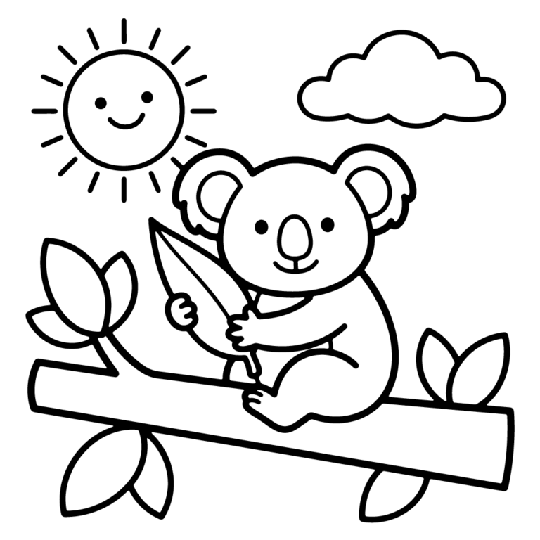 Na obrazku znajduje się uśmiechnięty miś koala siedzący na grubej gałęzi, trzymający duży liść, pod wesołym słoneczkiem i chmurką.