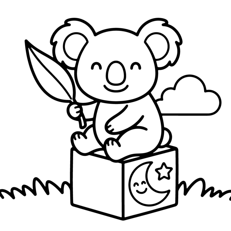 Na obrazku znajduje się uśmiechnięty miś koala trzymający duży liść, siedzący na klocku z księżycem i gwiazdką.