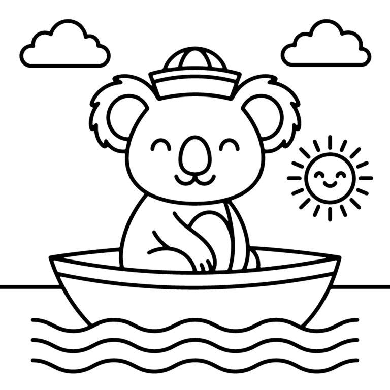 Na obrazku znajduje się uśmiechnięty miś koala w czapce marynarskiej płynący małą łódką po falach w słoneczny dzień.