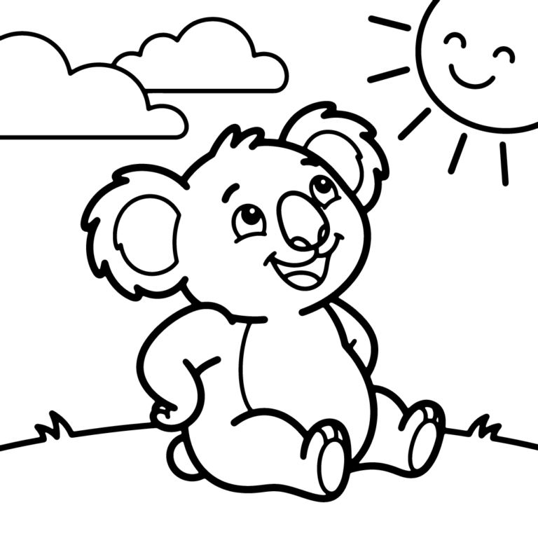 Na obrazku znajduje się uśmiechnięty koala siedzący na trawie i patrzący w niebo na słońce i chmurki.