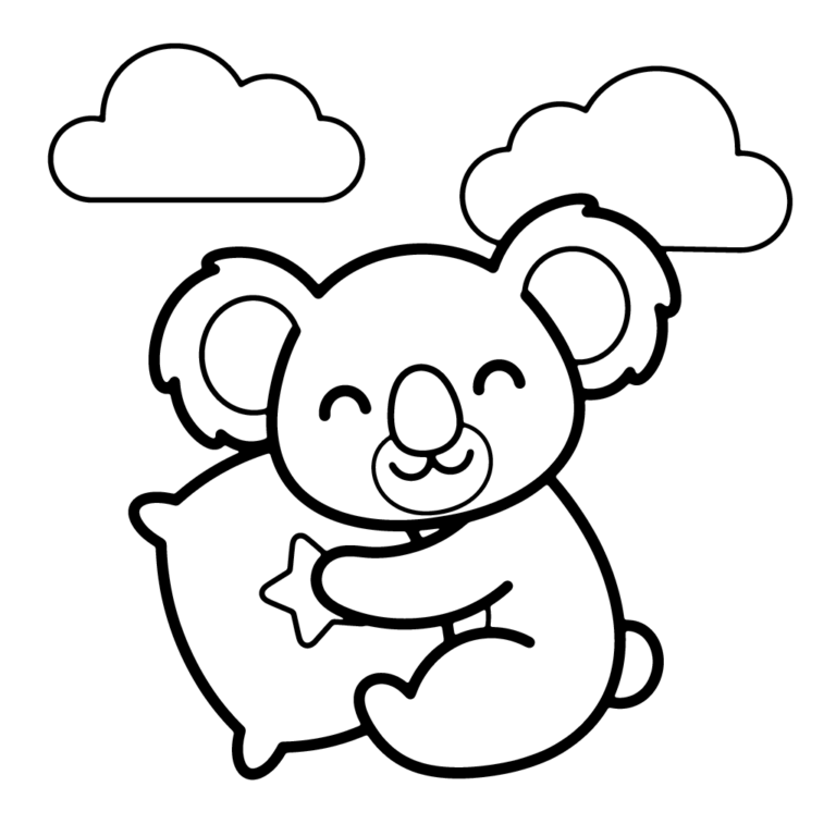 Na obrazku znajduje się uśmiechnięty koala mocno tulący poduszkę z dużą gwiazdką, a nad nim wiszą dwie chmurki.