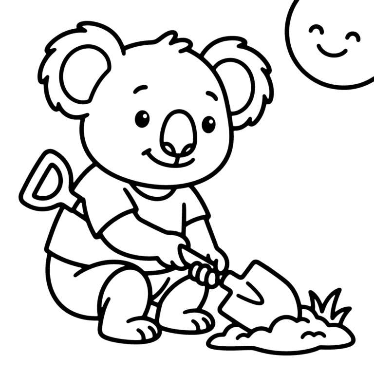 Na obrazku znajduje się uśmiechnięty miś koala w koszulce, który kopie łopatką w ziemi pod promieniami słońca.