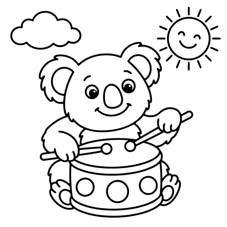 Na obrazku znajduje się uśmiechnięty miś koala grający na bębenku, a obok niego świeci słońce i widać chmurkę.