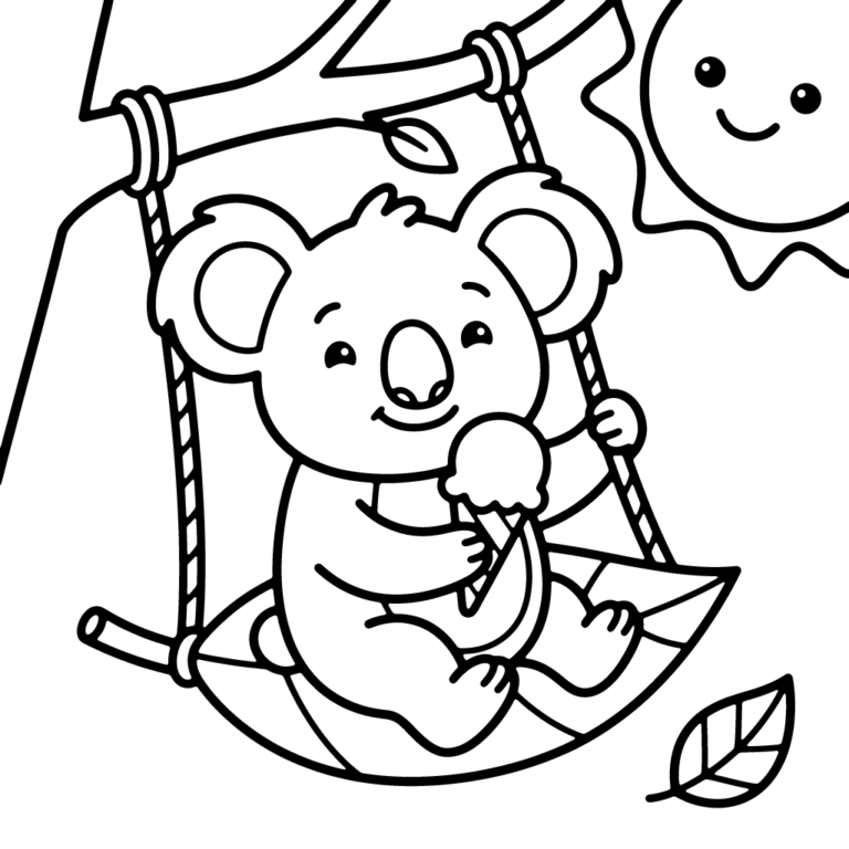 Na obrazku znajduje się uśmiechnięty miś koala siedzący na huśtawce z dużego liścia i jedzący loda, a obok świeci słońce.
