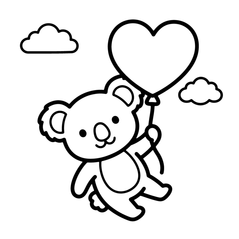 Na obrazku znajduje się uśmiechnięty miś koala unoszący się w powietrzu i trzymający duży balon w kształcie serca obok dwóch prostych chmurek.
