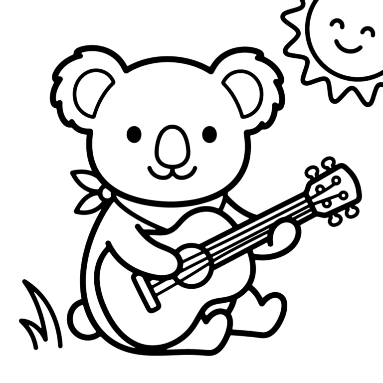 Na obrazku znajduje się uśmiechnięty miś koala siedzący na trawie i grający na gitarze, a obok niego świeci zadowolone słoneczko.