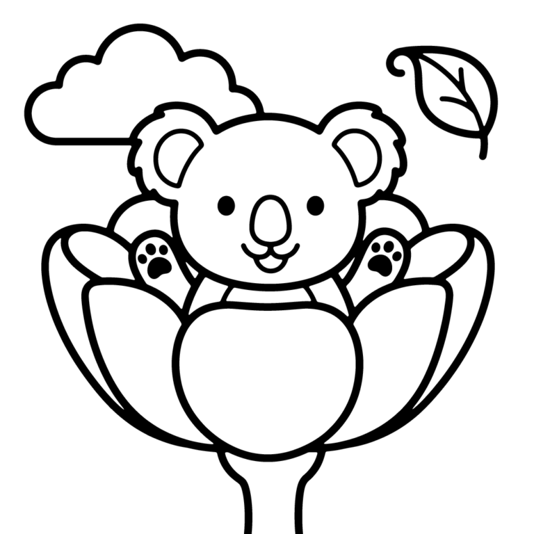 Na obrazku znajduje się uśmiechnięty miś koala, który siedzi w środku ogromnego, rozkwitniętego tulipana pod małą chmurką.