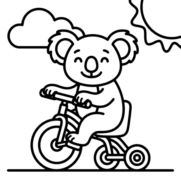 Na obrazku znajduje się uśmiechnięty miś koala jadący na trójkołowym rowerku pod słoneczkiem i puszystą chmurką.