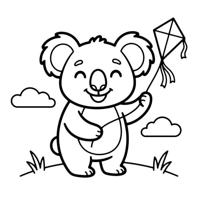 Na obrazku znajduje się uśmiechnięty miś koala, który stoi na trawie i trzyma sznurek od latawca w kształcie rombu.