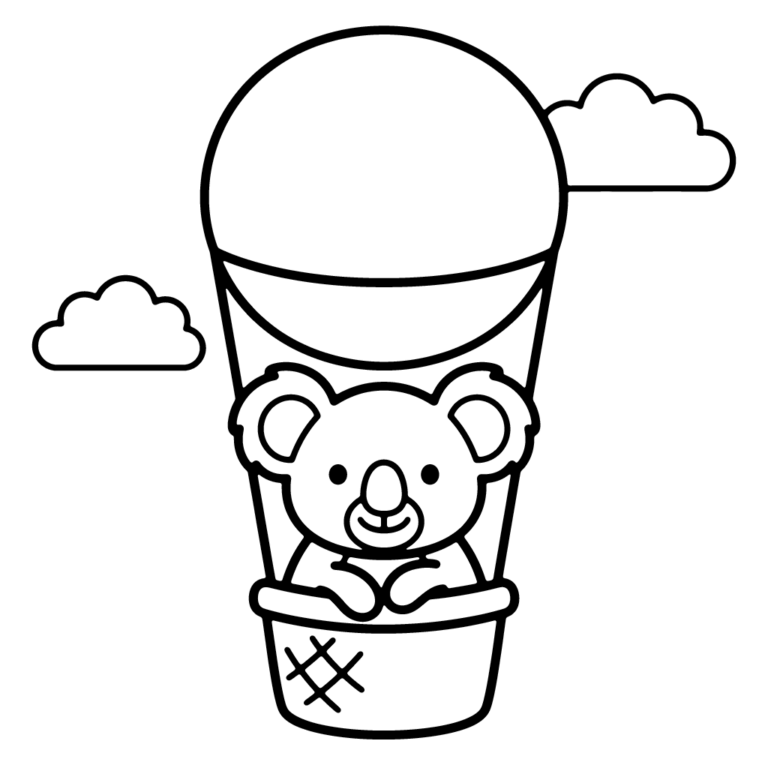 Na obrazku znajduje się uśmiechnięty miś koala lecący w koszu wielkiego balonu ogrzewanego powietrzem w otoczeniu chmurek.