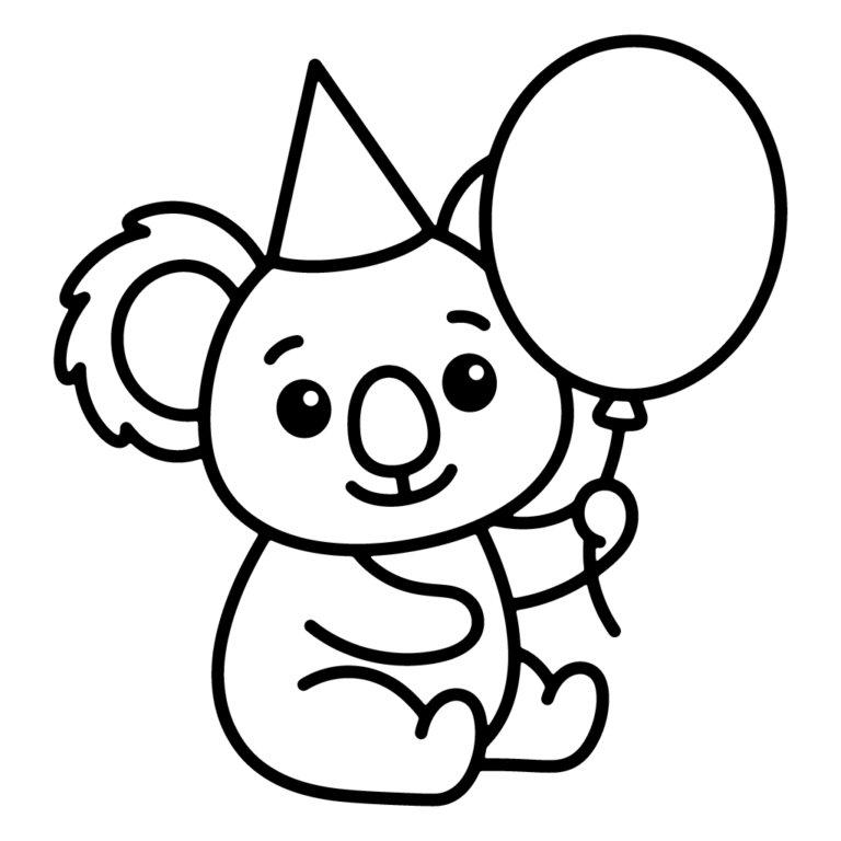 Na obrazku znajduje się uśmiechnięty miś koala siedzący w czapeczce urodzinowej i trzymający duży balon na sznurku.